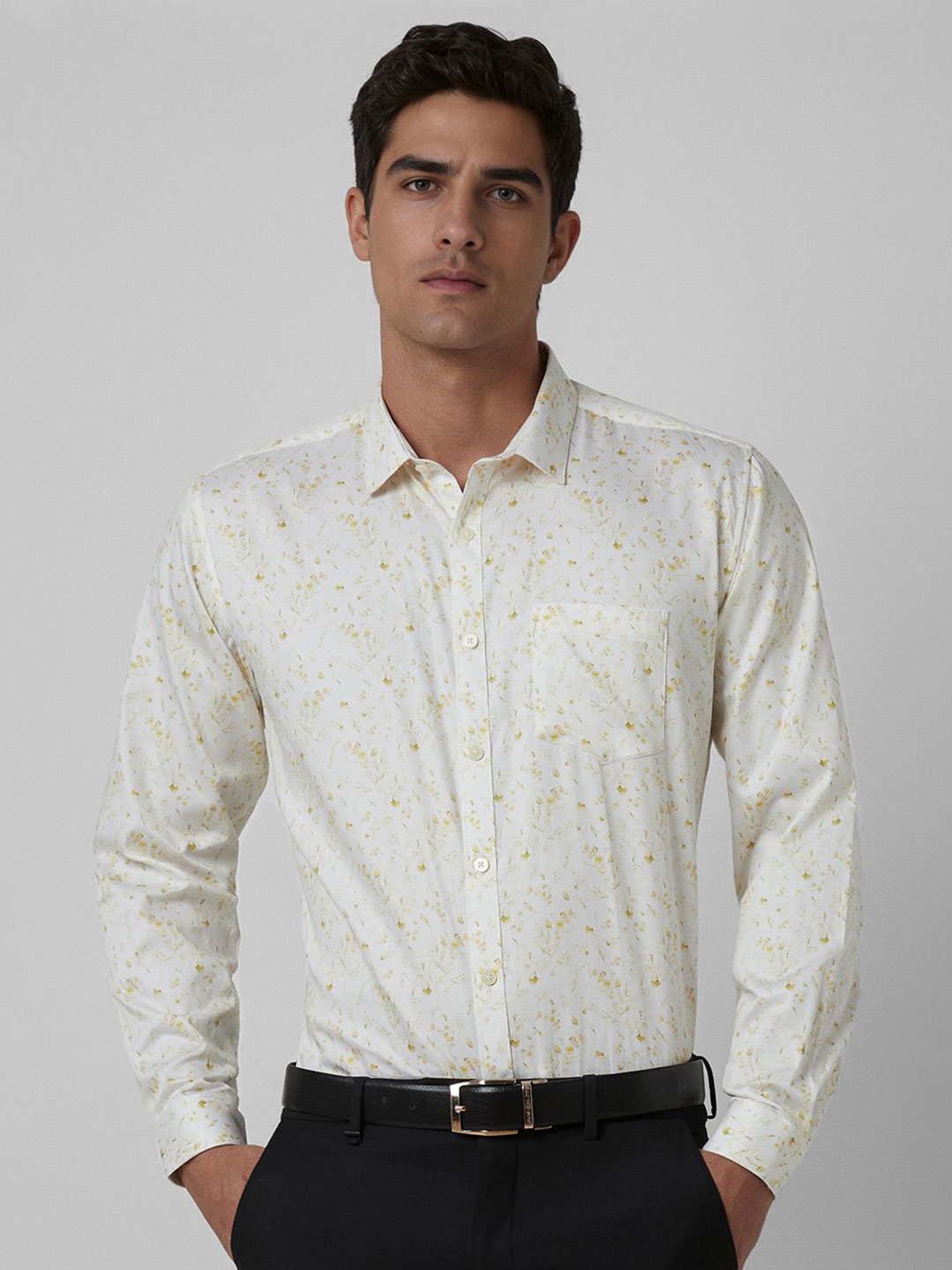 

V Dot Men Slim Fit Spread Collar Floral Printed Cotton Formal Shirt, Cream