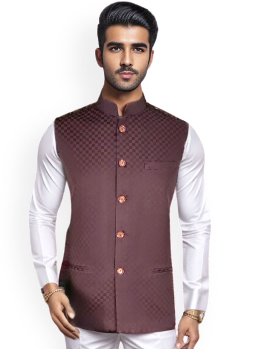 

Blacksmith Woven Design Nehru Jacket, Brown