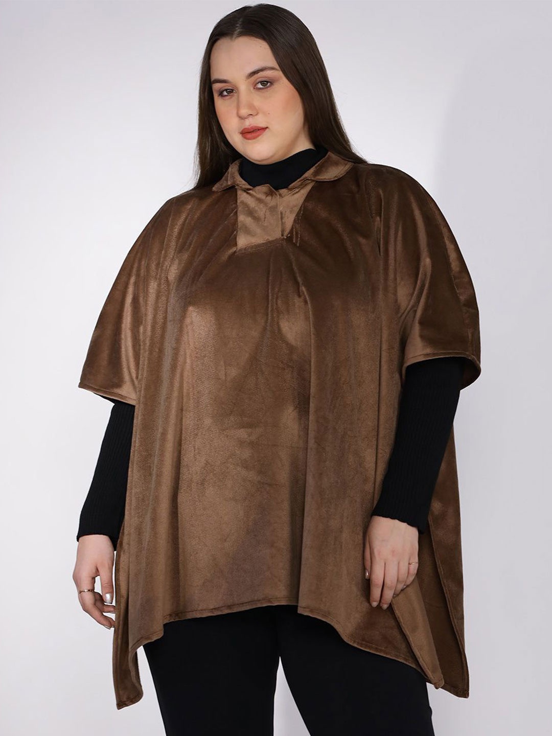 

LetsDressUp Women Plus Size Shirt Collar Poncho, Tan