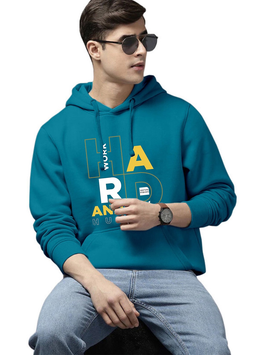 

WOOSTRO Men Printed Hooded Sweatshirt, Teal