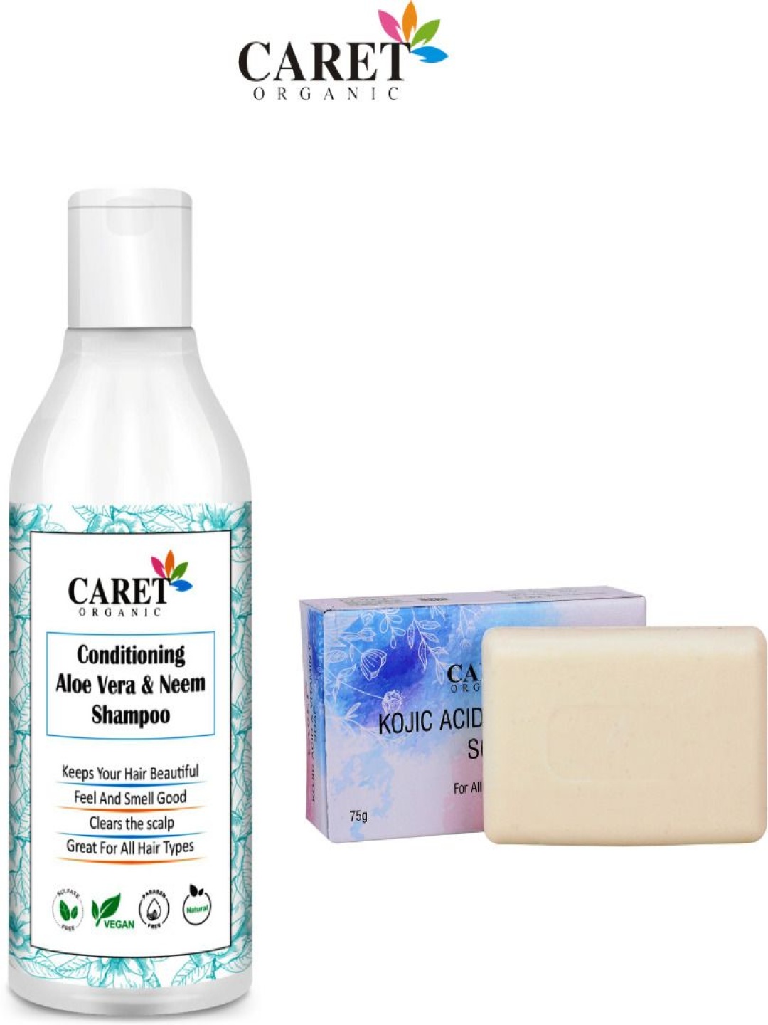 

CARET ORGANIC Set Of 2 Aloe Vera & Neem Shampoo 300 ml & Kojic Acid Soap 75 g, White
