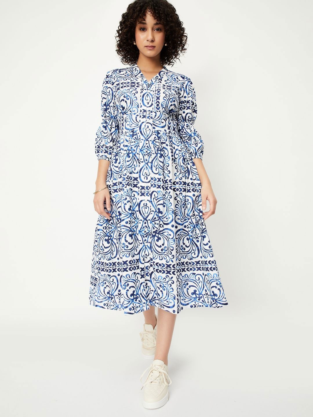 

max Women Ethnic Motifs Printed Pure Cotton A-Line Midi Dress, White