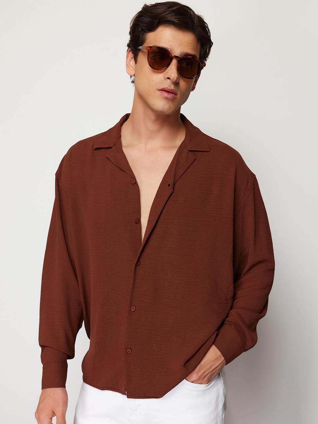 

Trendyol Women Cuban Collar Textured Casual Shirt, Brown