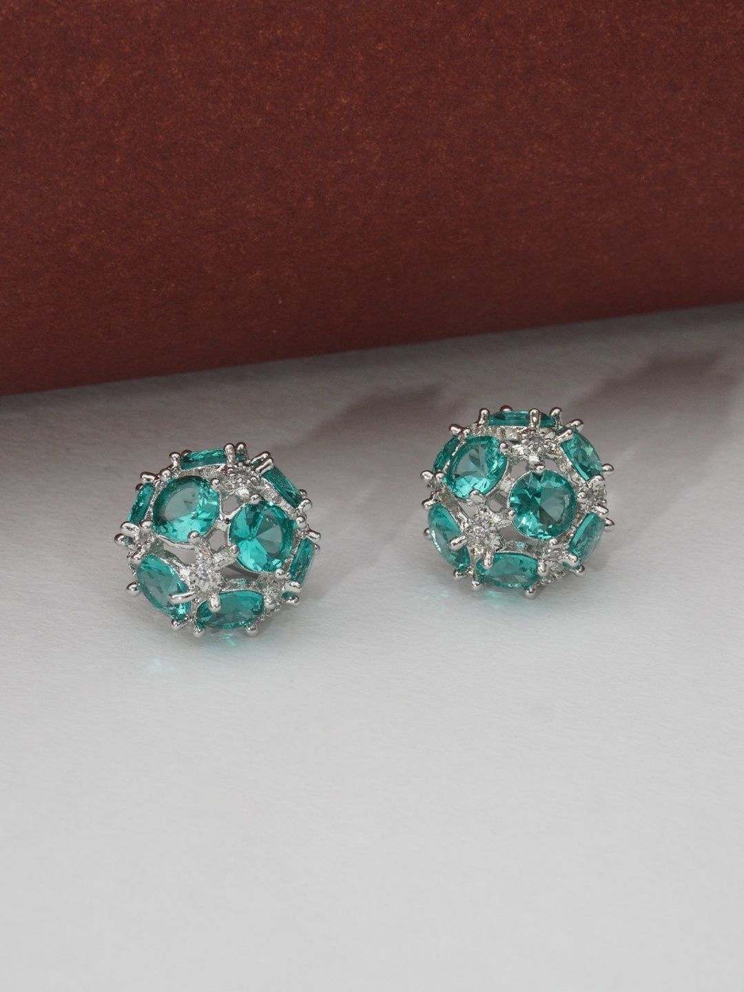 

Niscka Rhodium-Plated American Daimond Stone Studded Contemporary Studs, Green