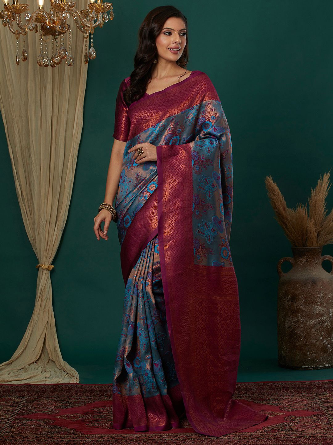 

Mitera Ethnic Motifs Zari Banarasi Saree, Blue