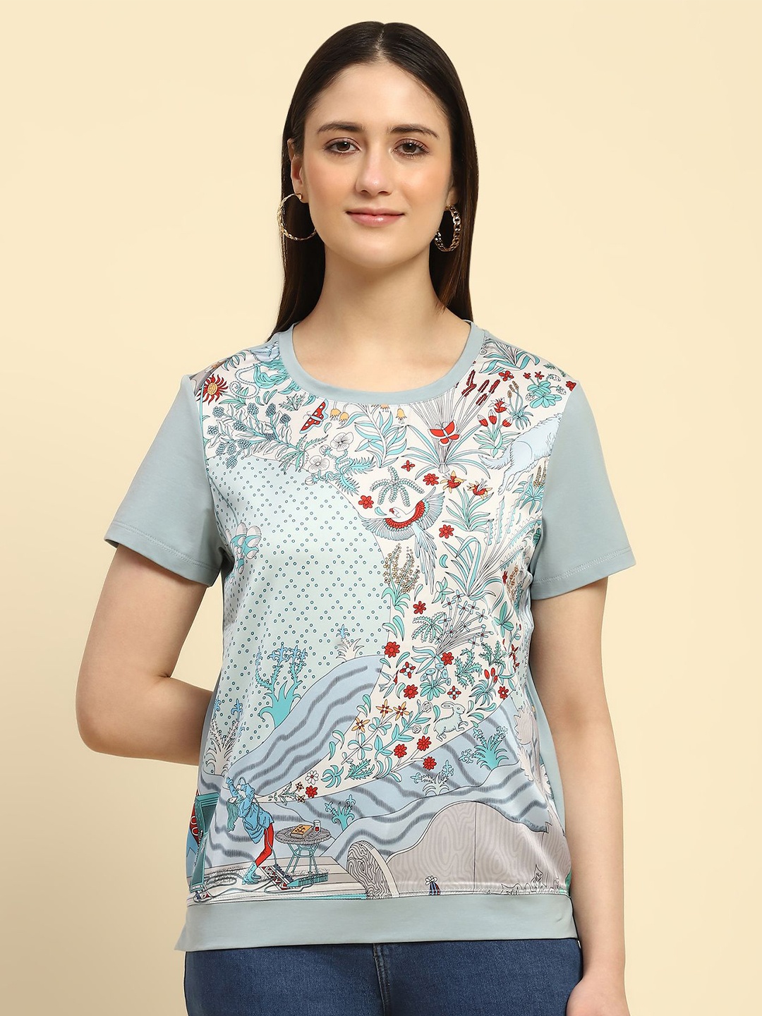 

Global Republic Women Printed Cotton Top, Blue