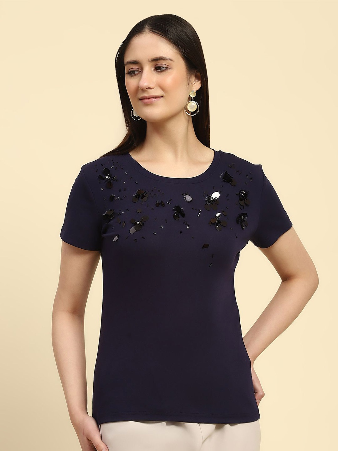 

Global Republic Women Embellished Embroidered Cotton Top, Navy blue