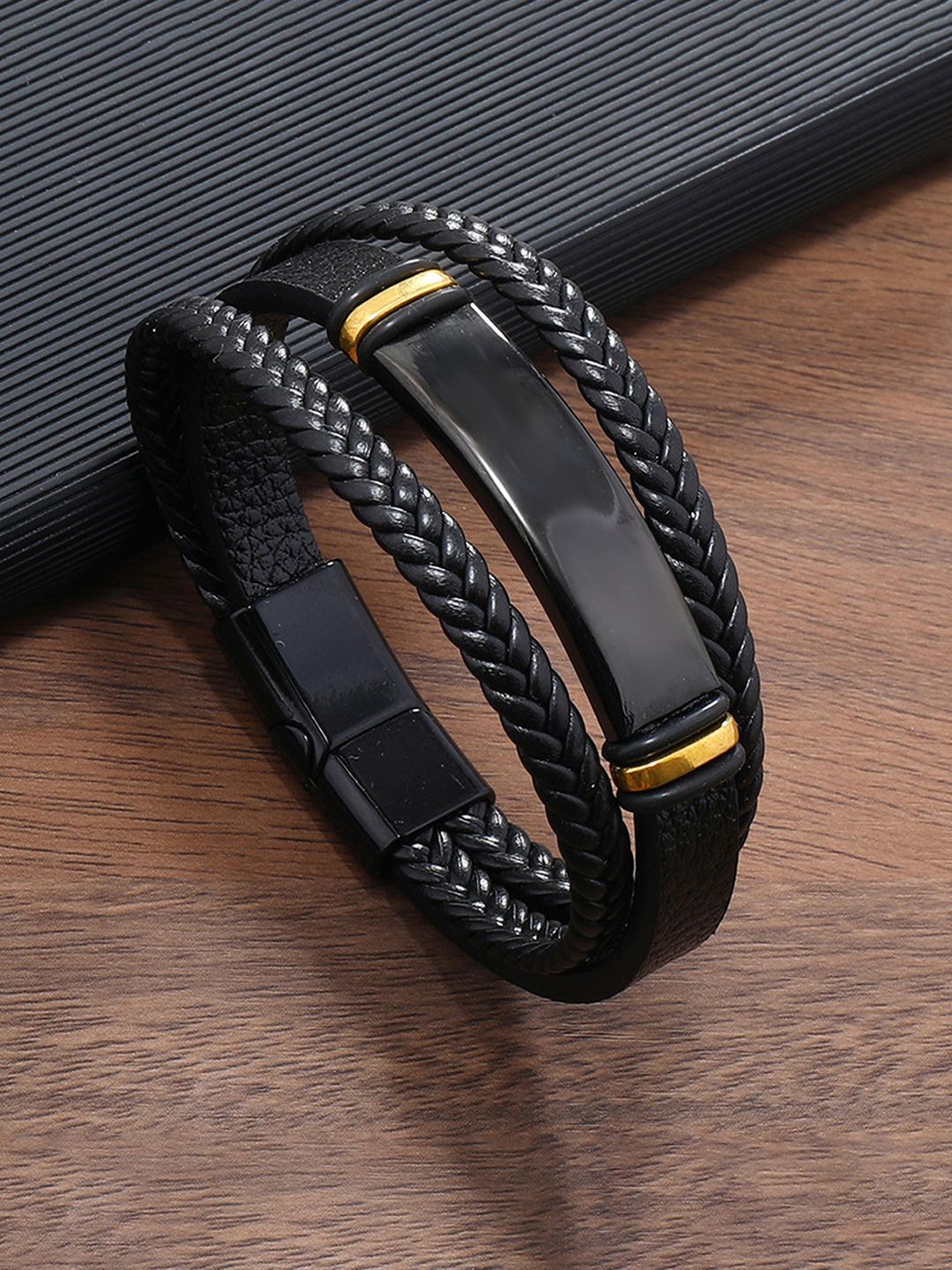 

Jewels Galaxy Men Leather Gold-Plated Wraparound Bracelet