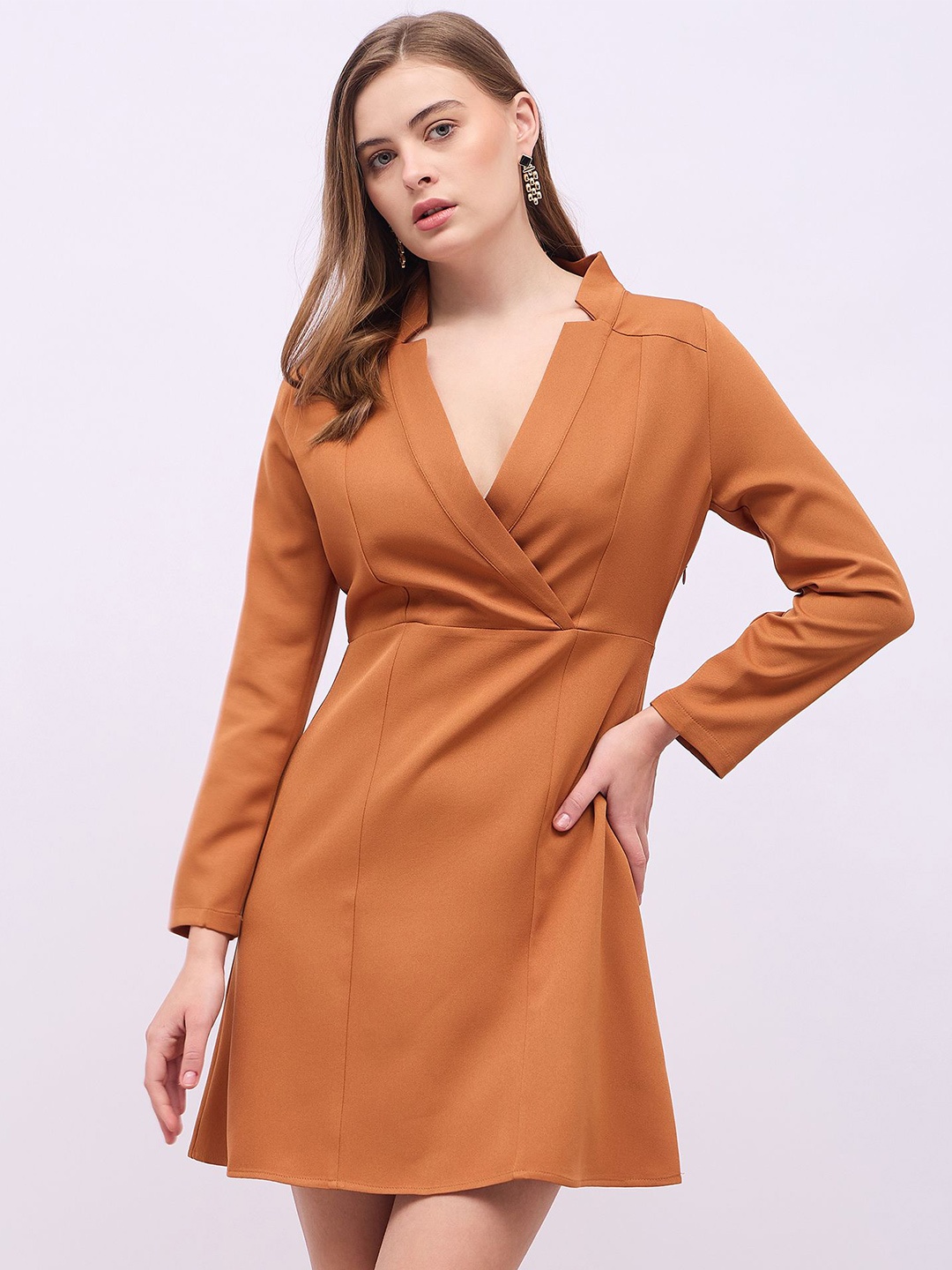 

Styli Women V-Neck Long Sleeves A-Line Mini Dress, Brown