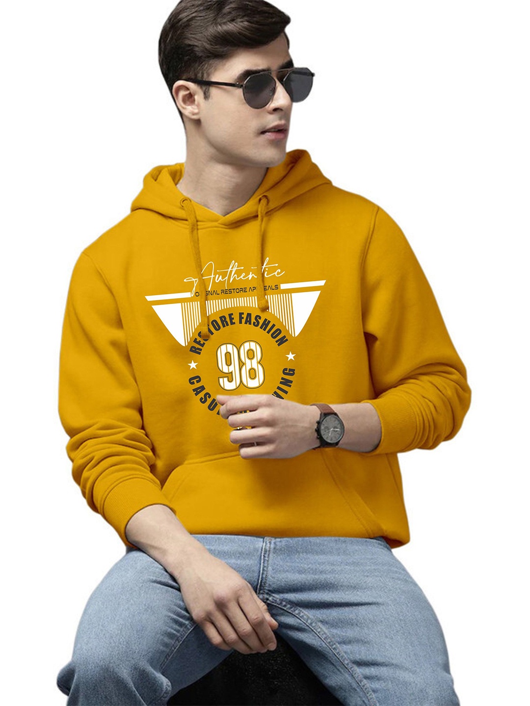 

WOOSTRO Men Printed Hooded Pullover Sweatshirt, Mustard