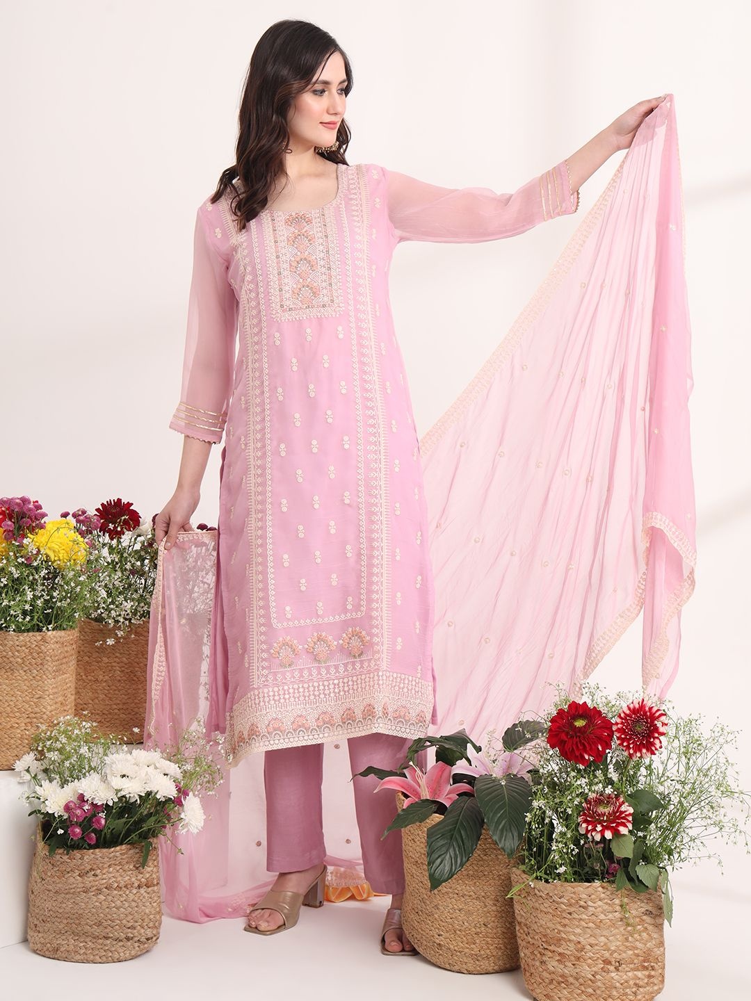 

Yufta Floral Embroidered Poly Chiffon Straight Kurta With Trousers And Dupatta, Lavender