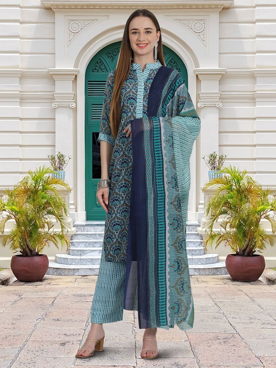 

Moda Rapido Floral Printed Mandarin Collar Straight Kurta With Trouser And Dupatta, Green