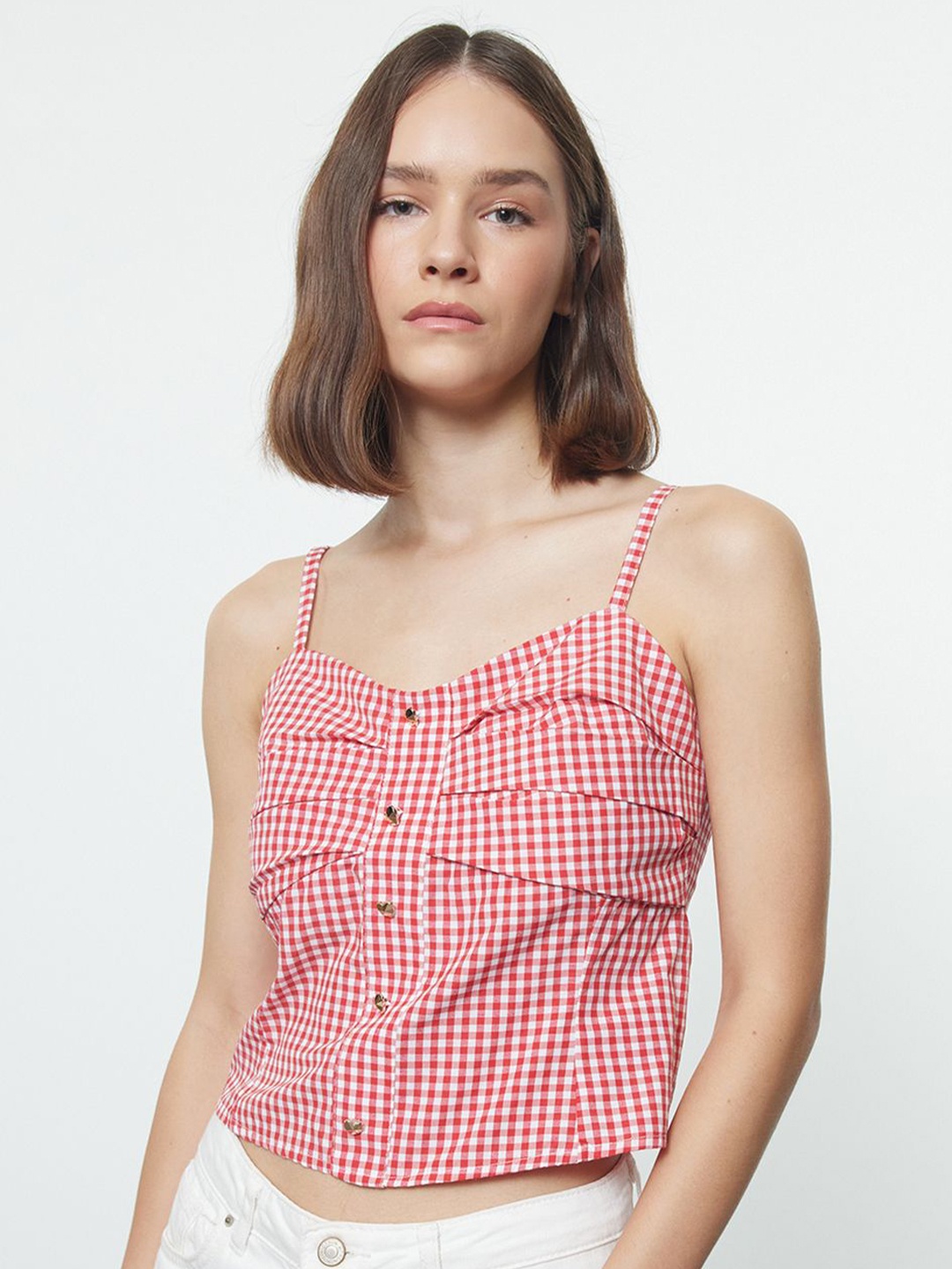 

Trendyol Checked Cotton Crop Top, Na
