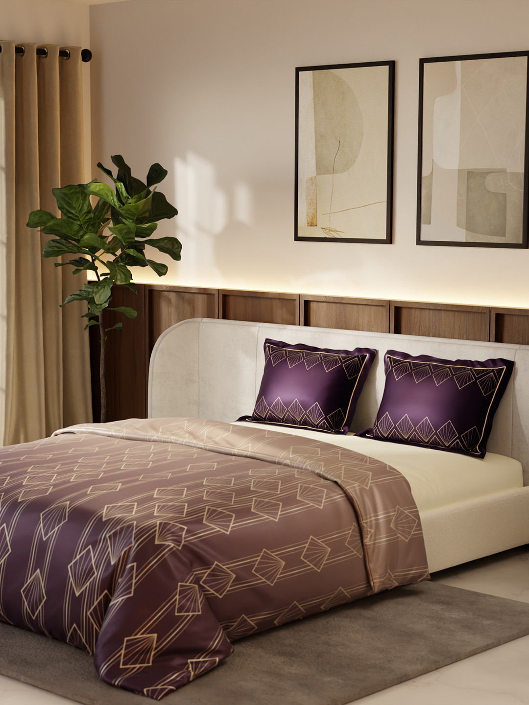 

Stoa Paris Lumiere Brown & Purple 4 Pieces Geometric Printed Satin Double King Bedding Set