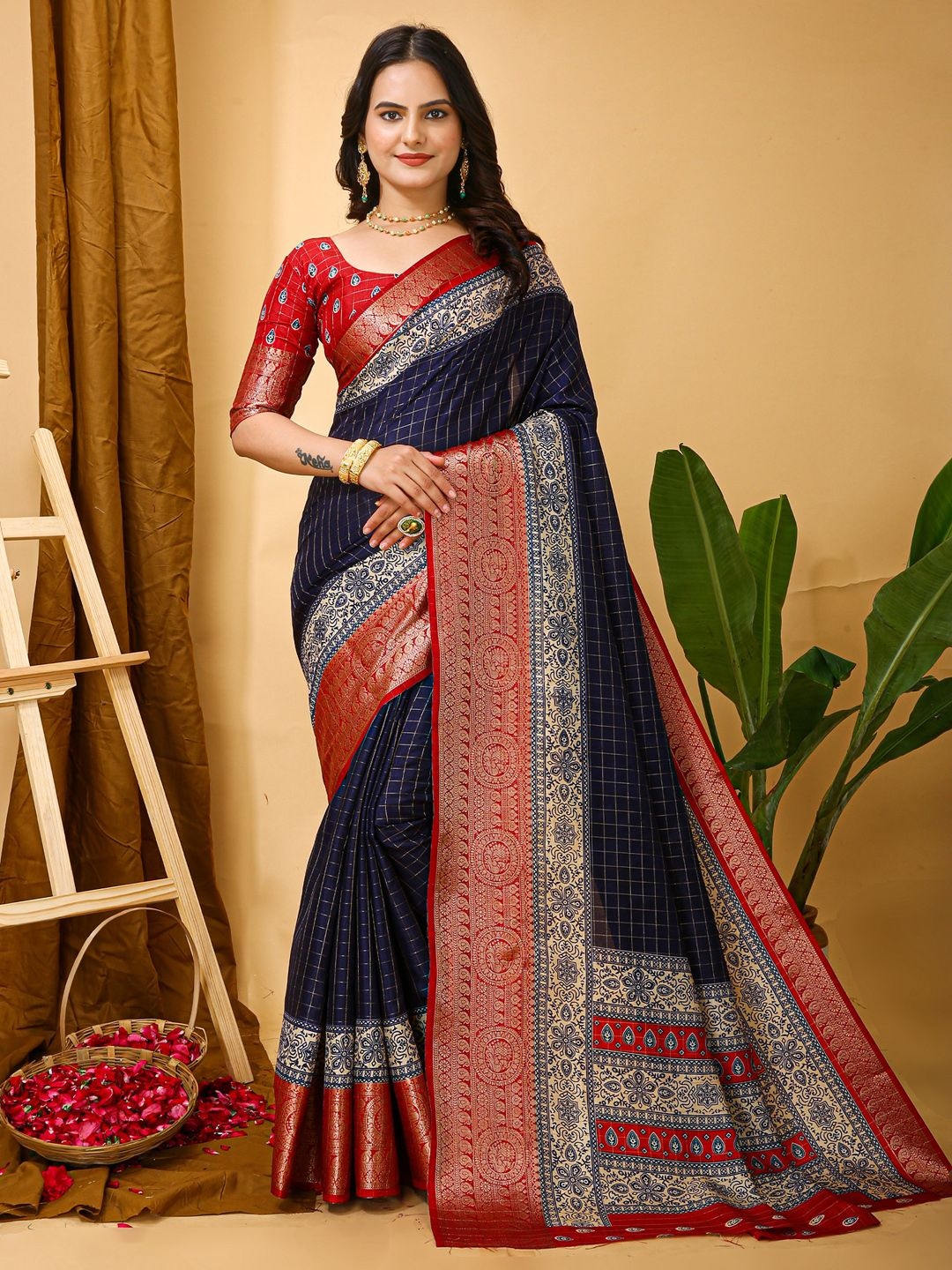 

KALINI Ethnic Motifs Zari Taant Saree, Navy blue