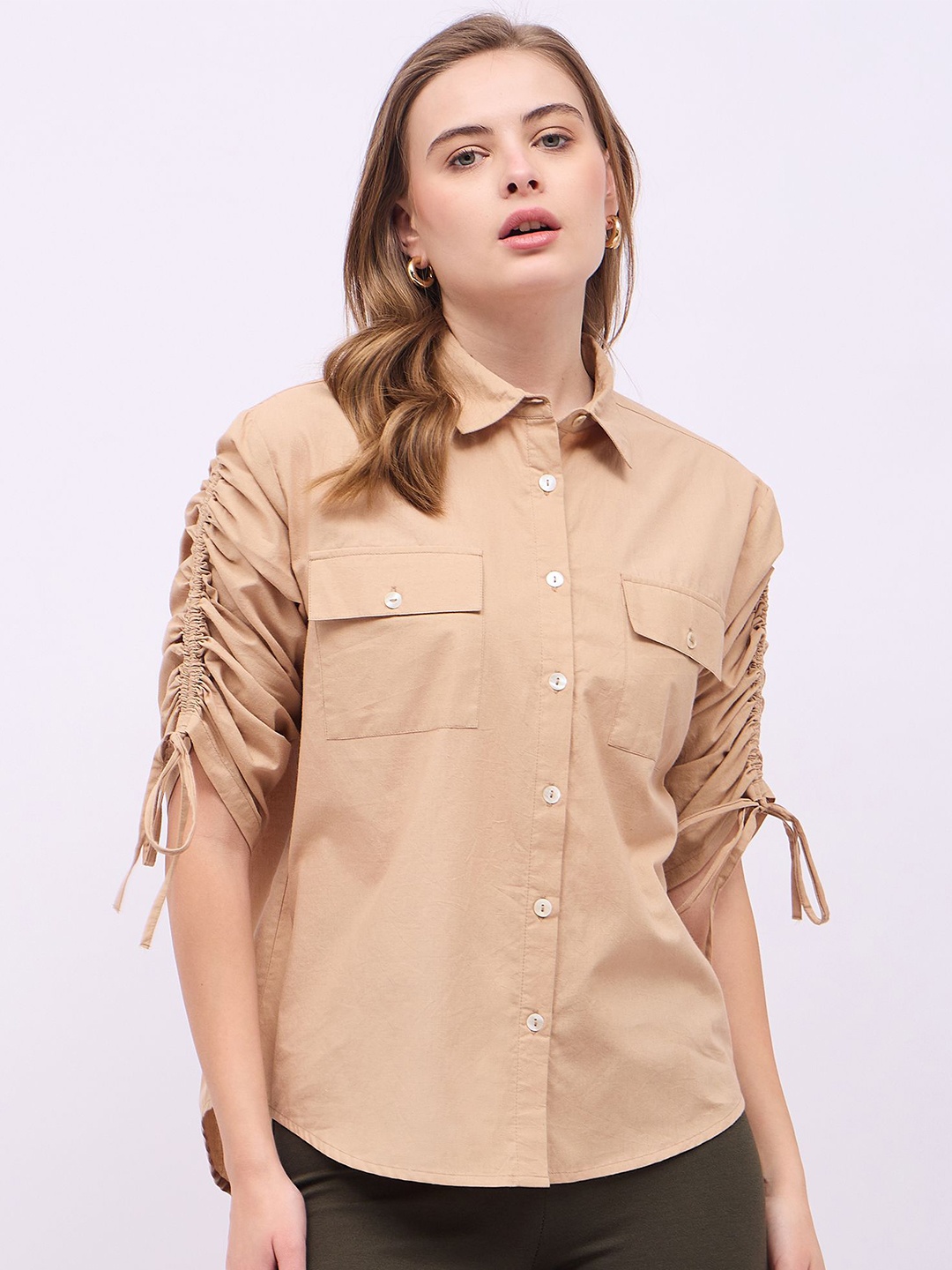 

Styli Women Oversized Fit Spread Collar Solid Cotton Casual Shirt, Taupe