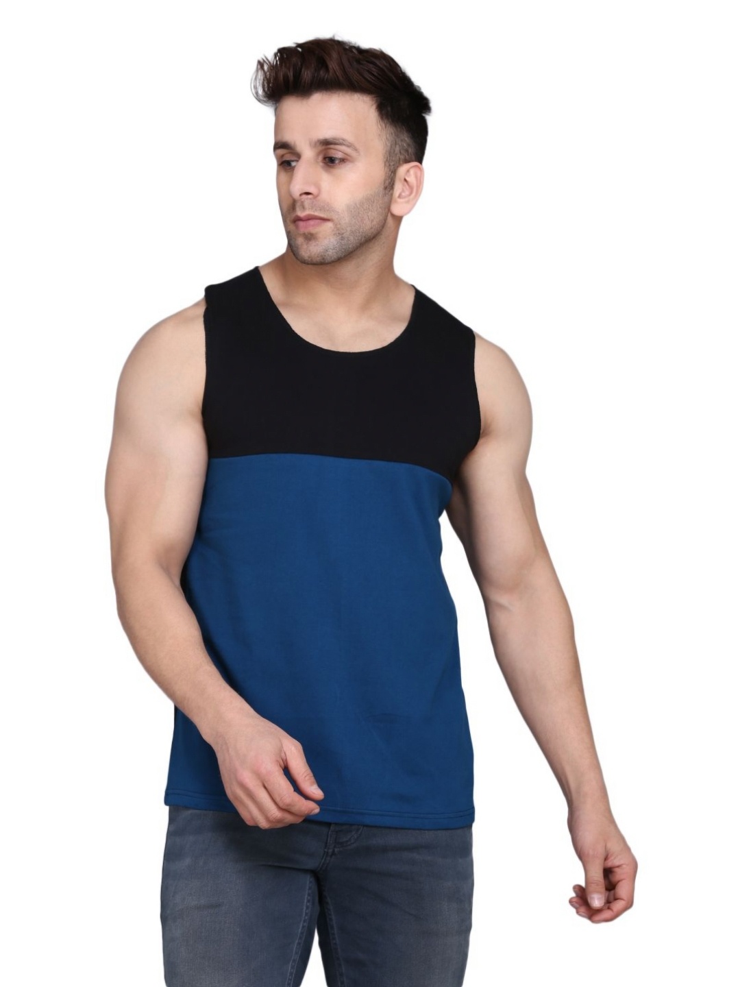 

WOOSTRO Men Pack Of 2 Colourblocked Round Neck Cotton Slim Fit T-shirts, Blue