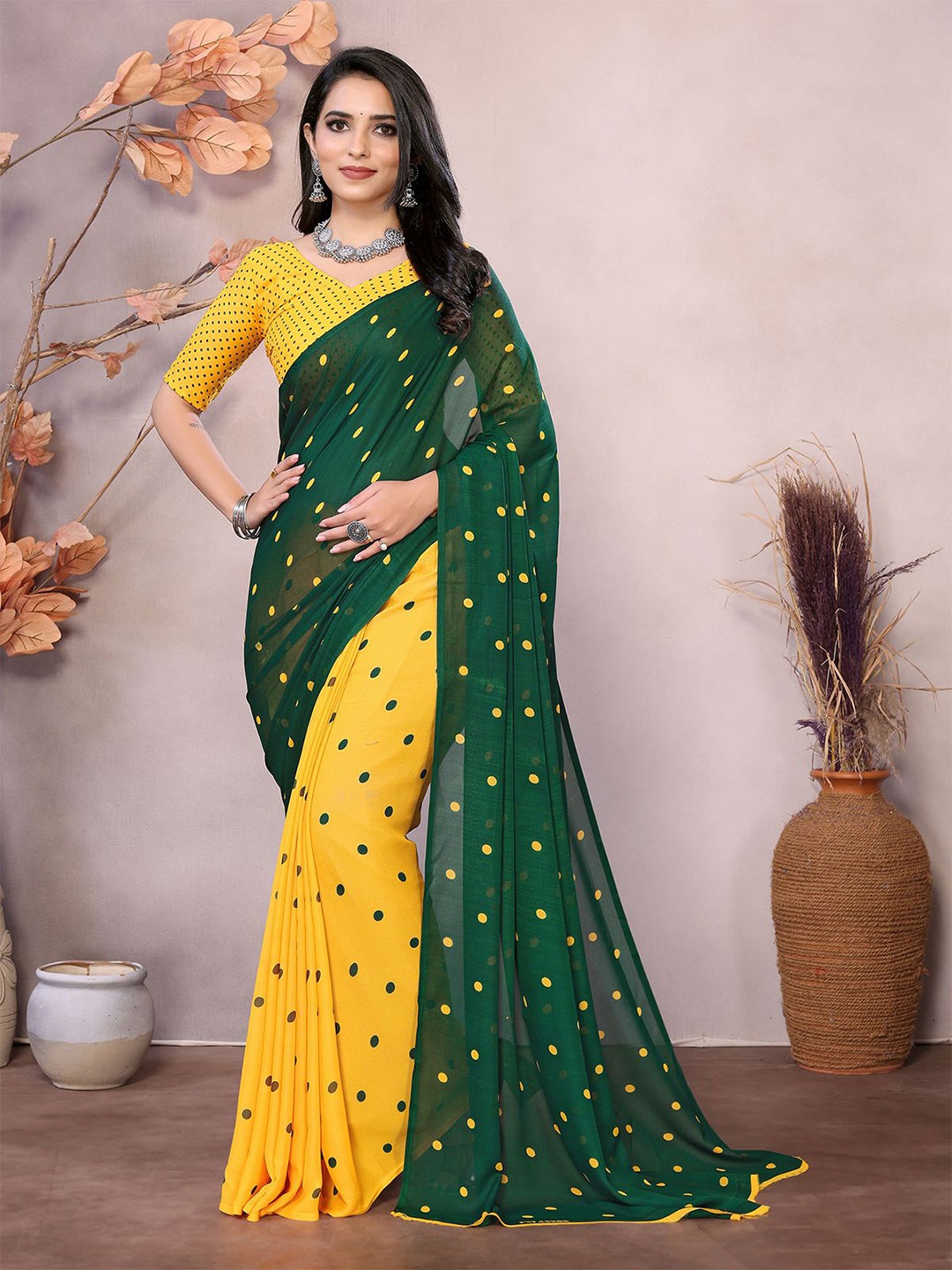 

Moda Rapido Women Polka Dots Saree With Blouse Piece, Green