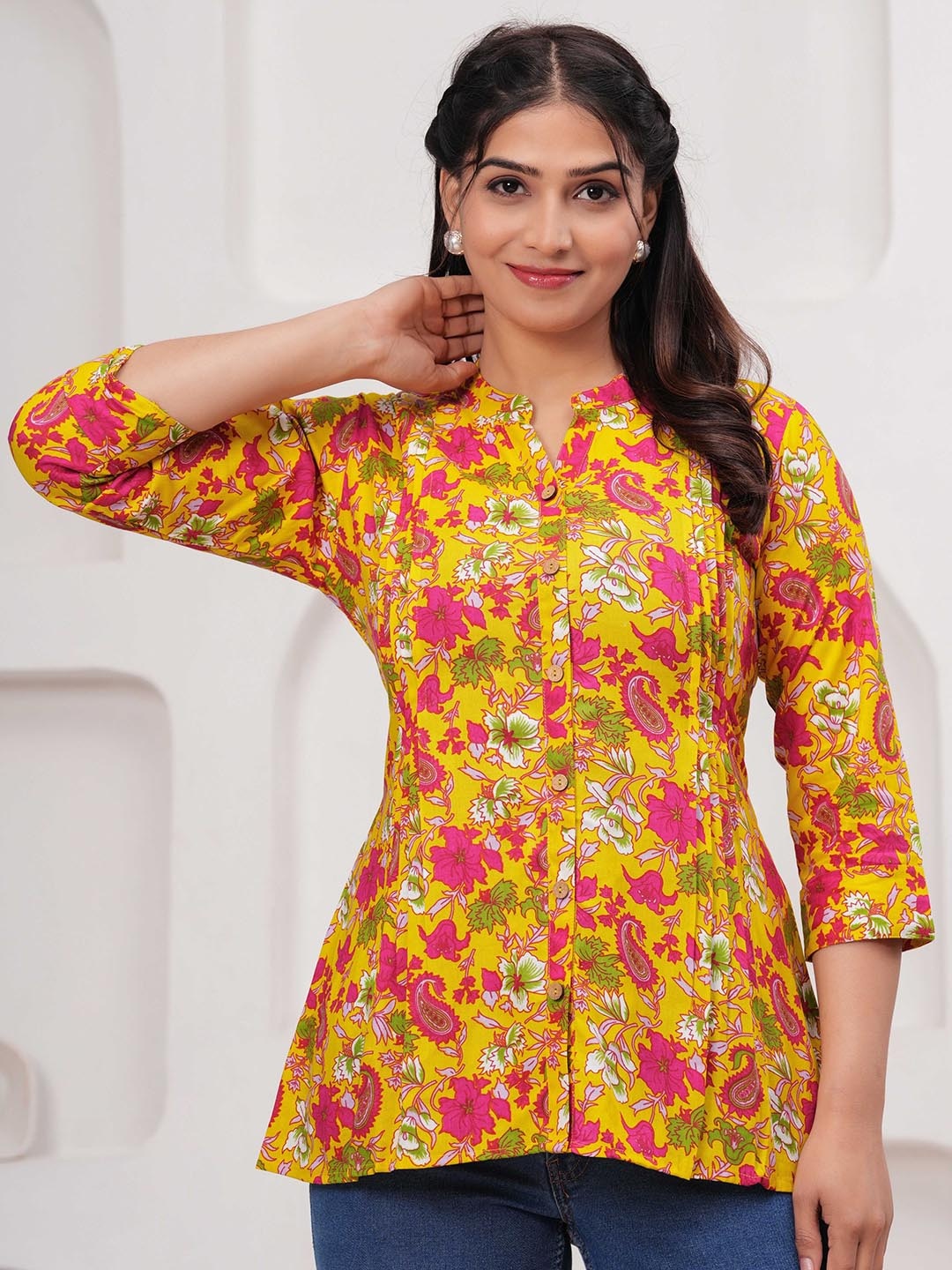 

Aktasa Women Floral Printed Shirt Style Top, Yellow