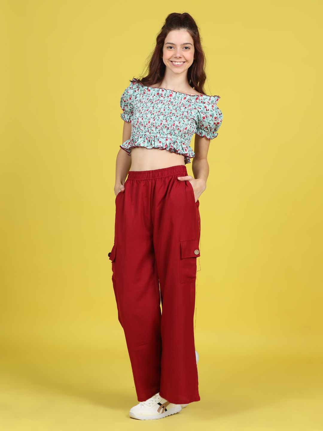 

Cutiekins Printed Crop Top With Trousers Co-Ords, Turquoise blue