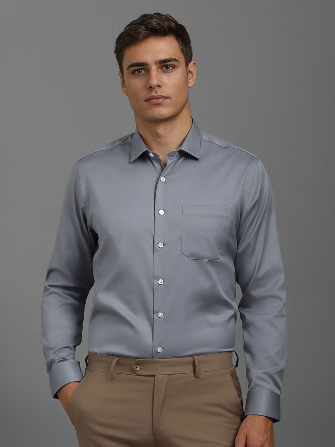 

Louis Philippe Men Slim Fit Spread Collar Solid Cotton Casual Shirt, Grey