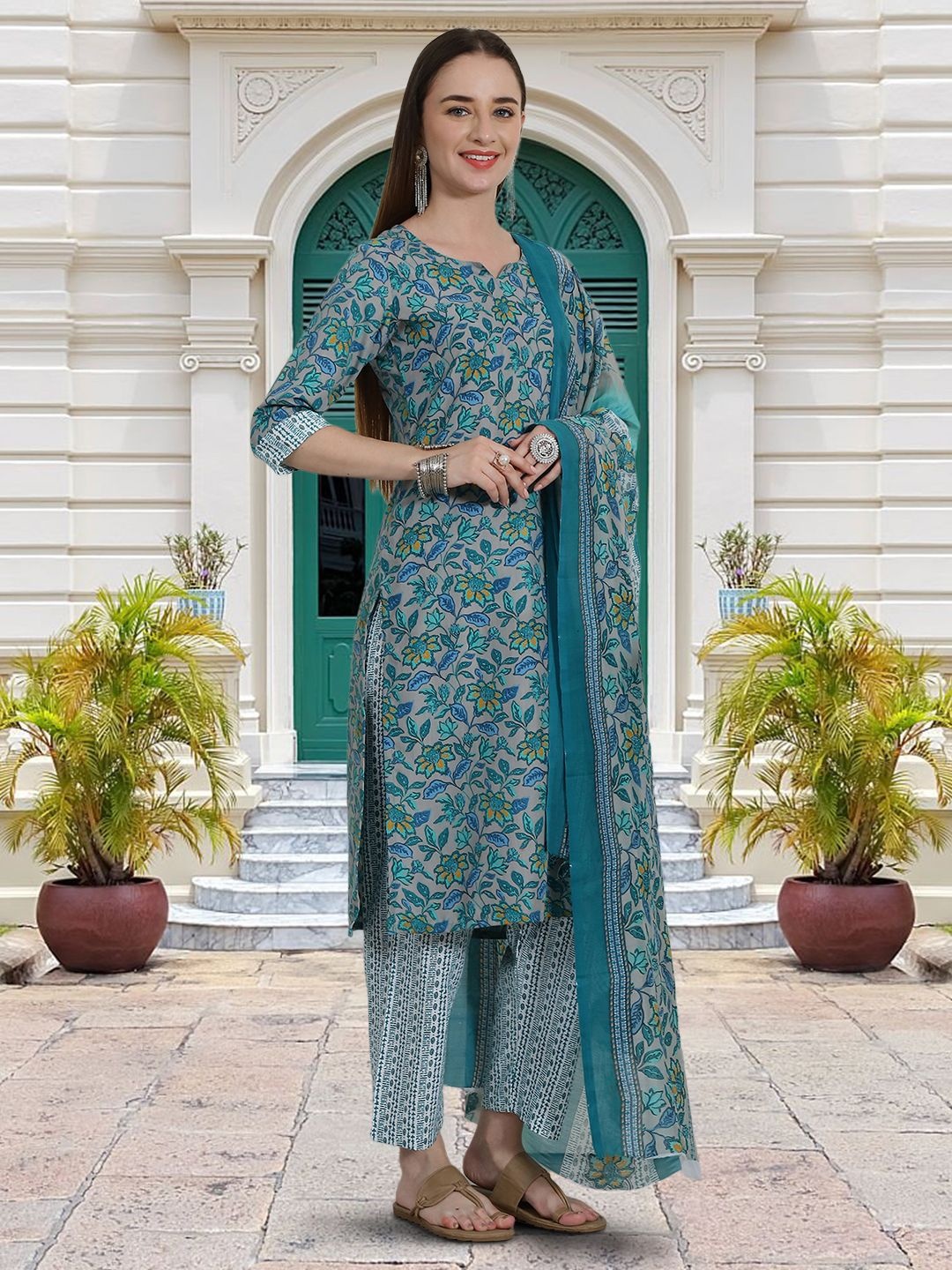 

Moda Rapido Floral Printed Notch Neck Straight Kurta With Trouser And Dupatta, Grey