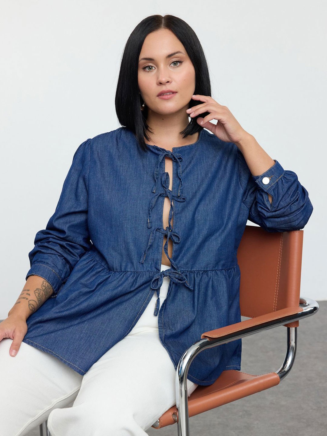 

Trendyol Women Solid Tie-Ups Long Puff Sleeves Shirt Style Top, Navy blue