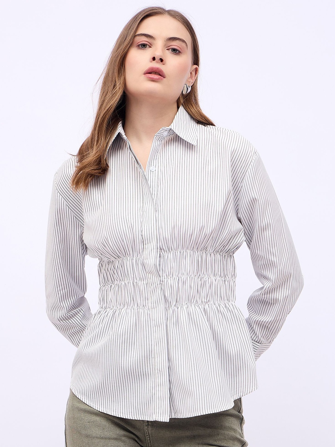 

Styli Women Spread Collar Vertical Striped Casual Shirt, White