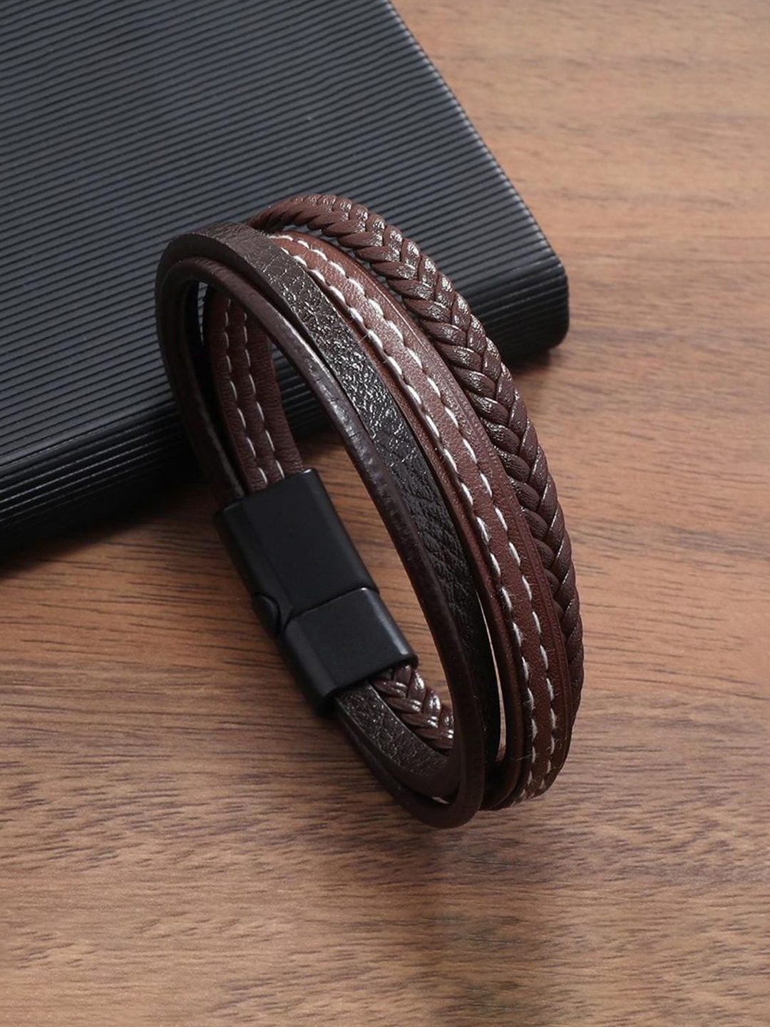 

Jewels Galaxy Men Leather Silver-Plated Wraparound Bracelet