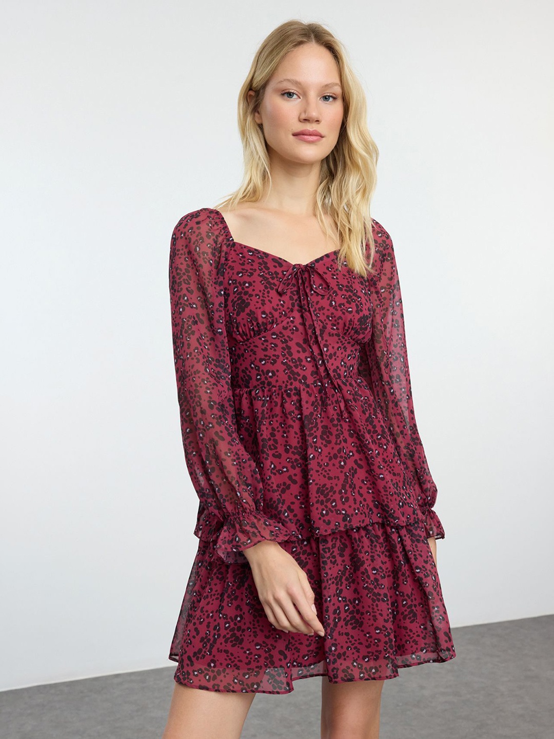 

Trendyol Bordo Printed Puff Sleeve Fit & Flare Dress, Maroon