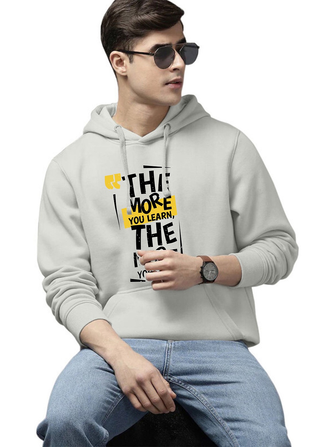 

WOOSTRO Men Typography Printed Hooded Sweatshirt, Grey