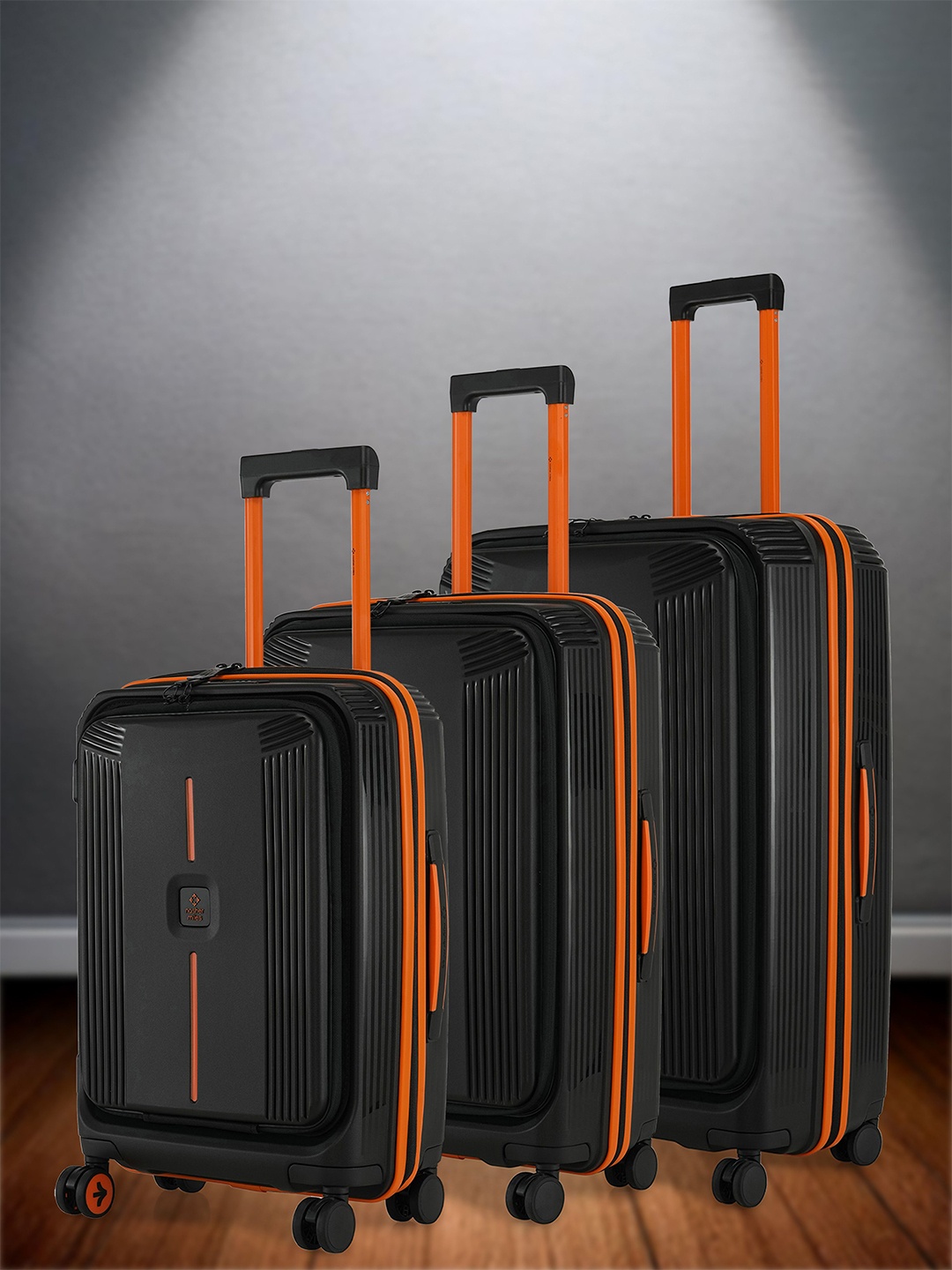 

Nasher Miles Alexandria Polypropylene Set of 3 S/M/L Black Orange Trolley Bags 55-65-75 cm