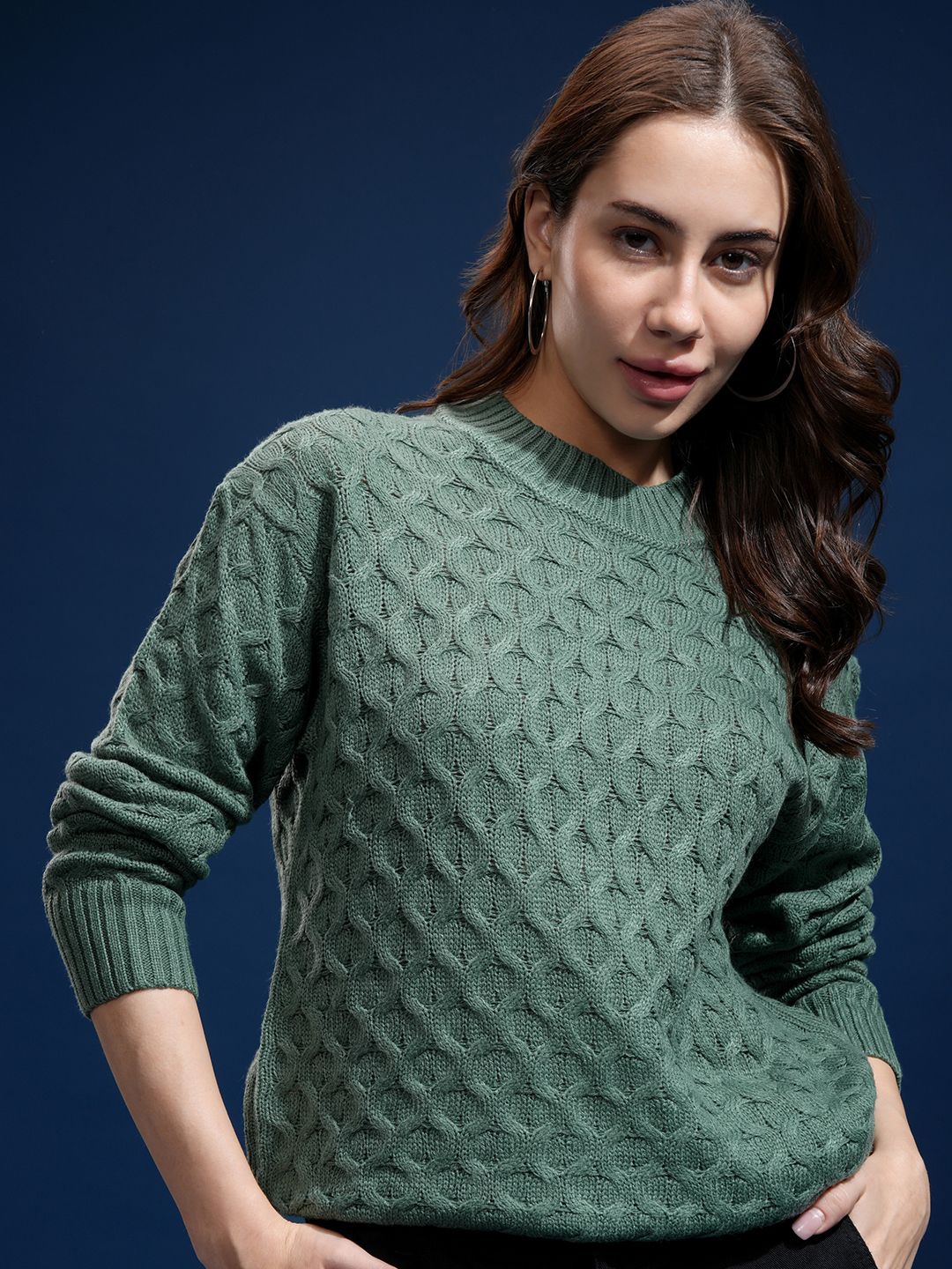 

Tokyo Talkies Women Oversized Round Neck Full Sleever Sweater, Green