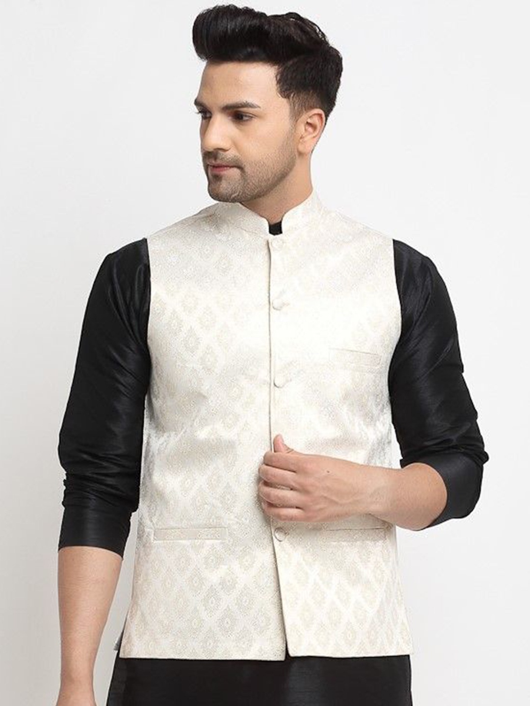 

Kaifoo Woven Design Nehru Jacket, White
