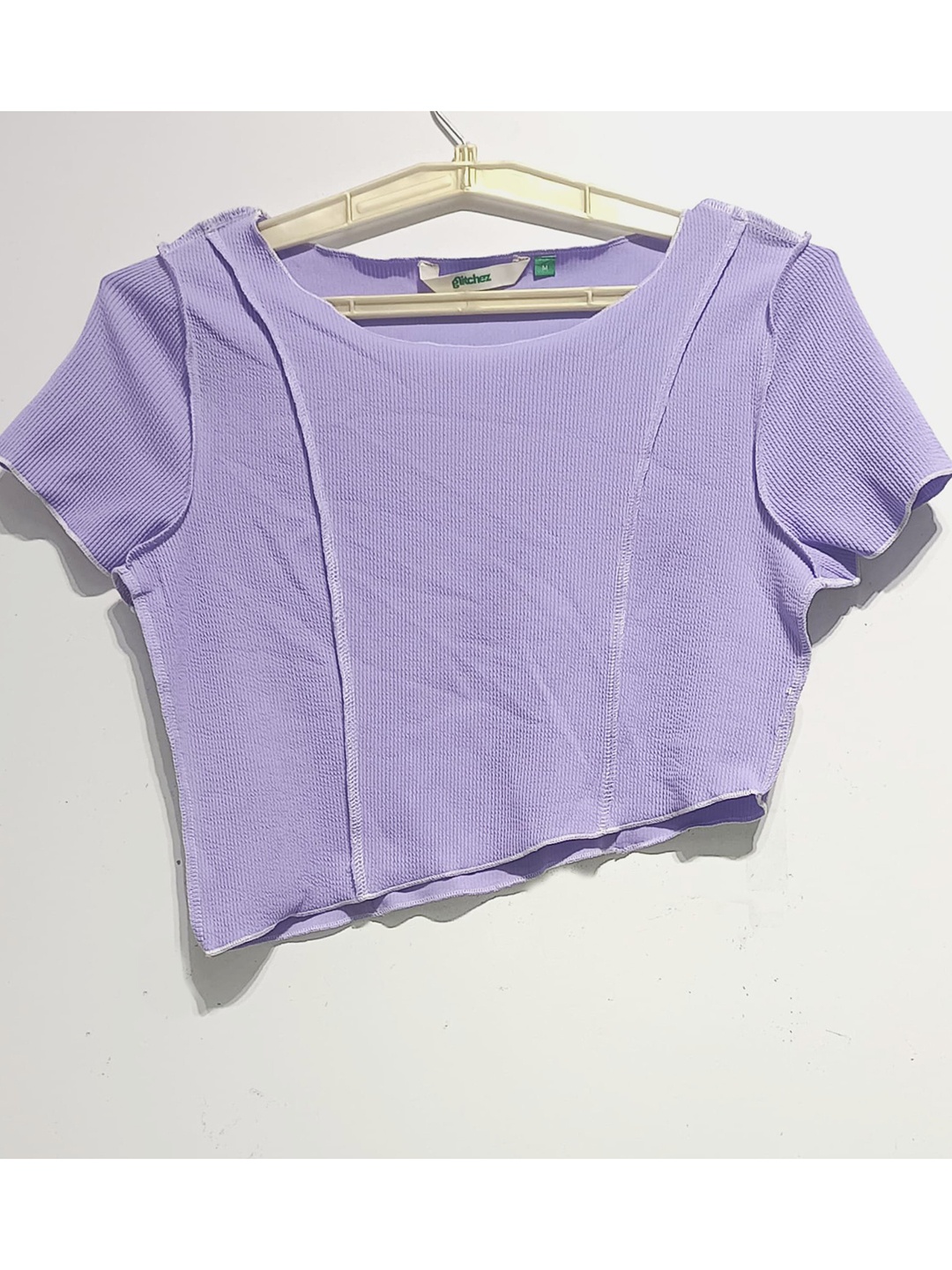 

glitchez Disrupted Calm Asymmetric Hem Ribbed Crop Top, Purple