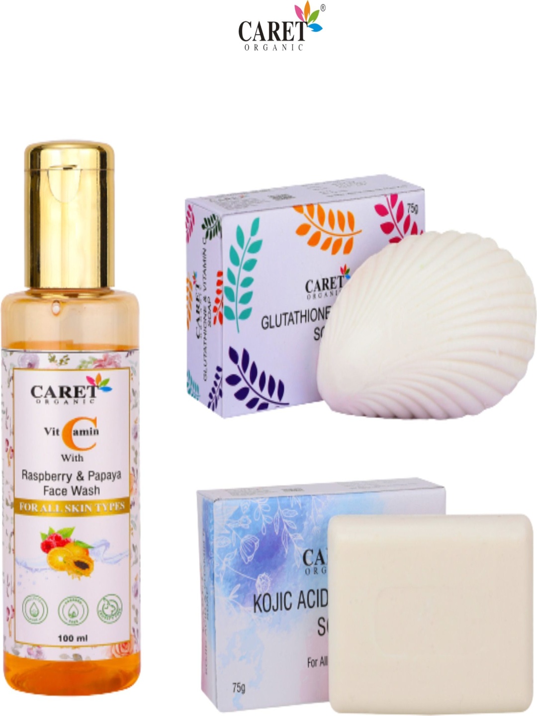 

CARET ORGANIC Set Of 3 Papaya Facewash 100 ml Glutathione & Kojic Acid Soap - 75 g Each, White