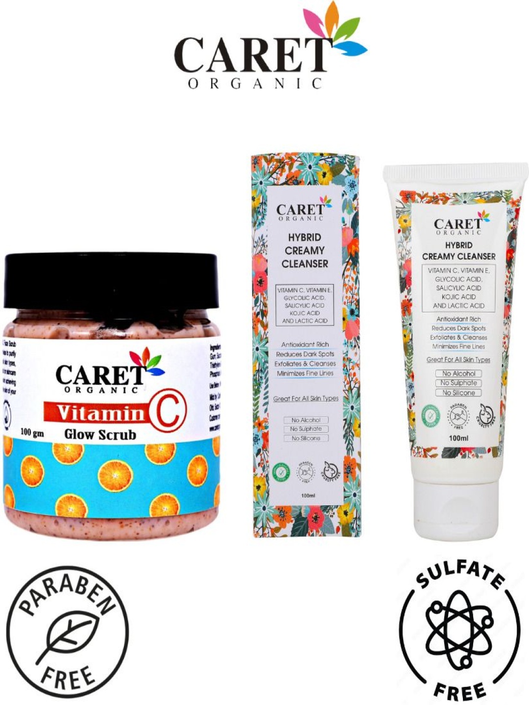 

CARET ORGANIC Set Of 2 Vitamin C Glow Scrub & Hybrid Creamy Cleanser - 100 ml Each, White