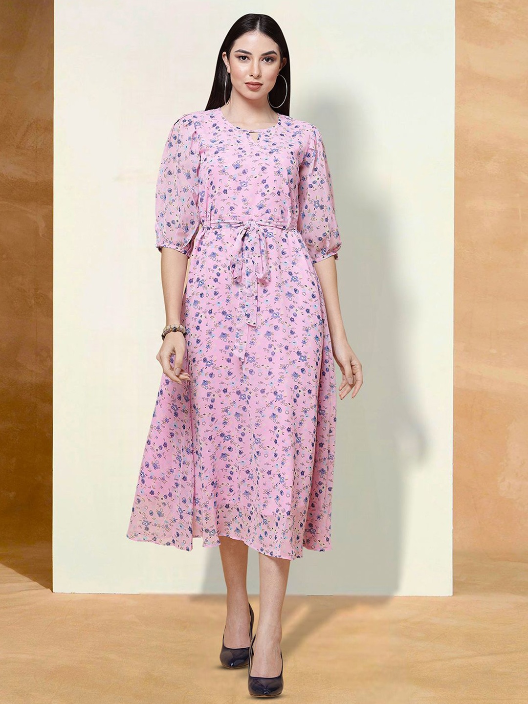 

BAESD Floral Print Applique Fit & Flare Dress, Pink