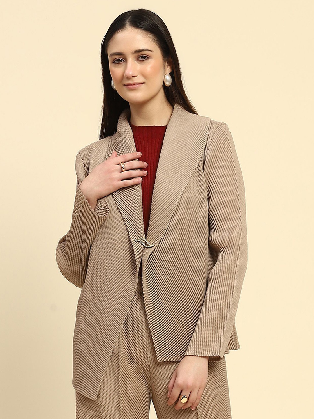 

Global Republic Self Design Open Front Shrug, Beige