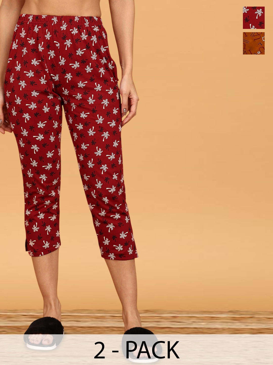 

VAHSON Pack Of 2 Printed Cotton Mid-Rise Lounge Pants, Red