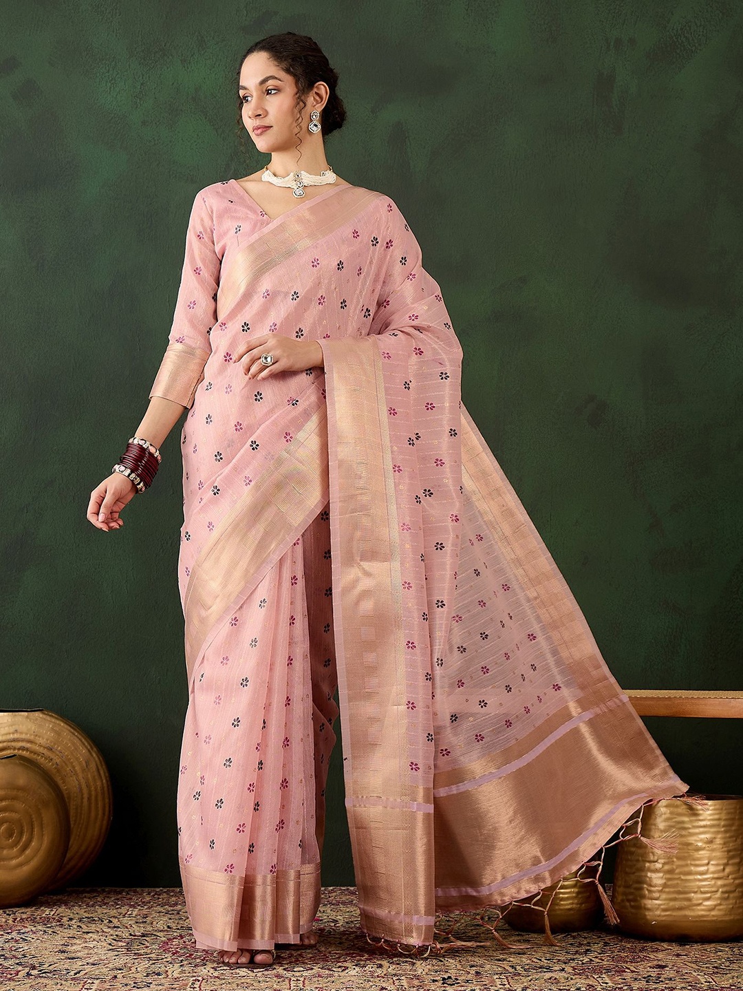 

KIMISHA Woven Design Zari Organza Banarasi Saree, Pink
