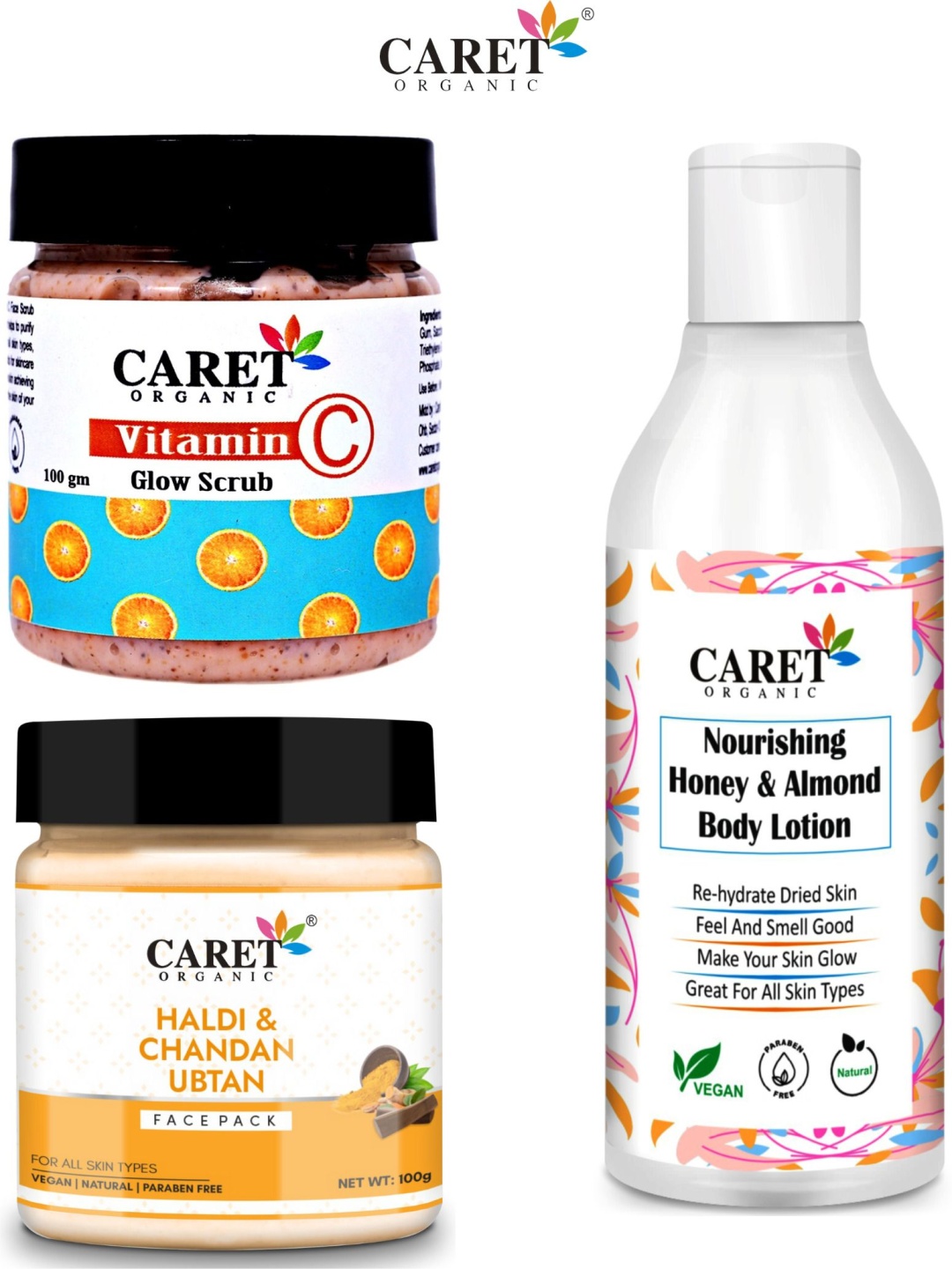 

CARET ORGANIC Set of 3 Glow Scrub, Haldi & Face Pack & Almond Body Lotion-100 g Each, White