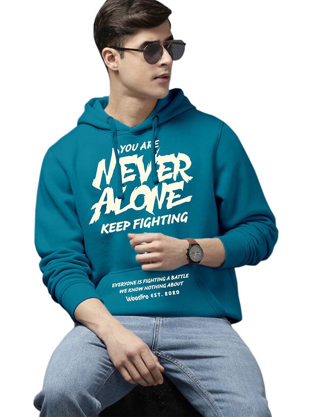 

WOOSTRO Men Printed Hooded Sweatshirt, Teal
