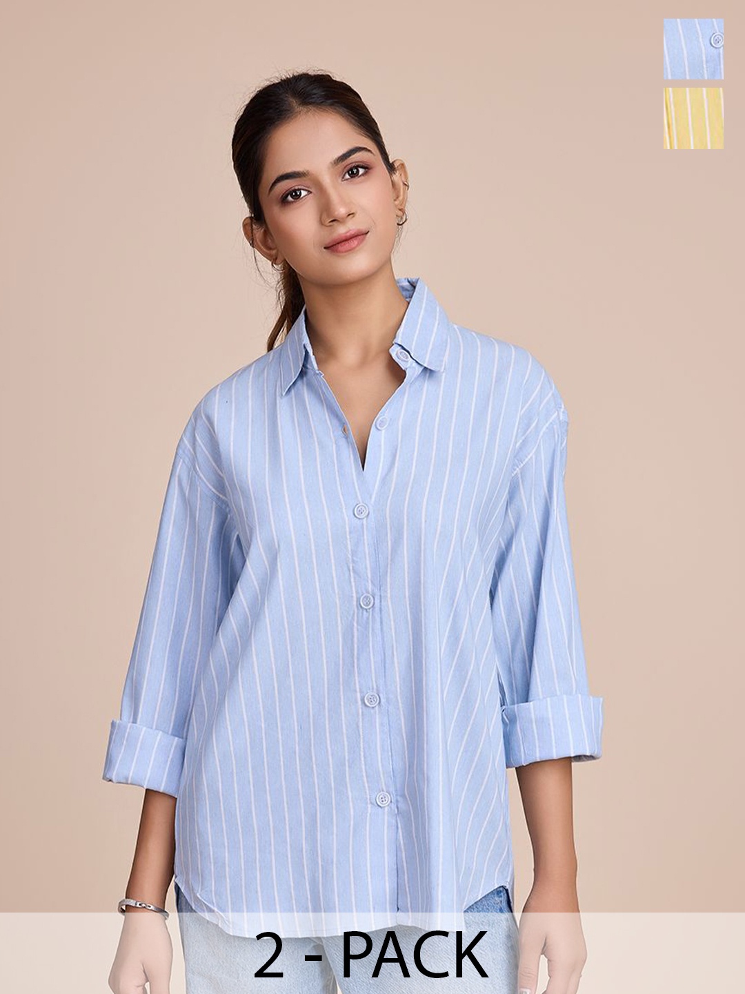 

HOUSE OF MIRA Women Pack Of 2 Classic Oversized Fit Vertical Striped Cotton Casual Shirts, Blue