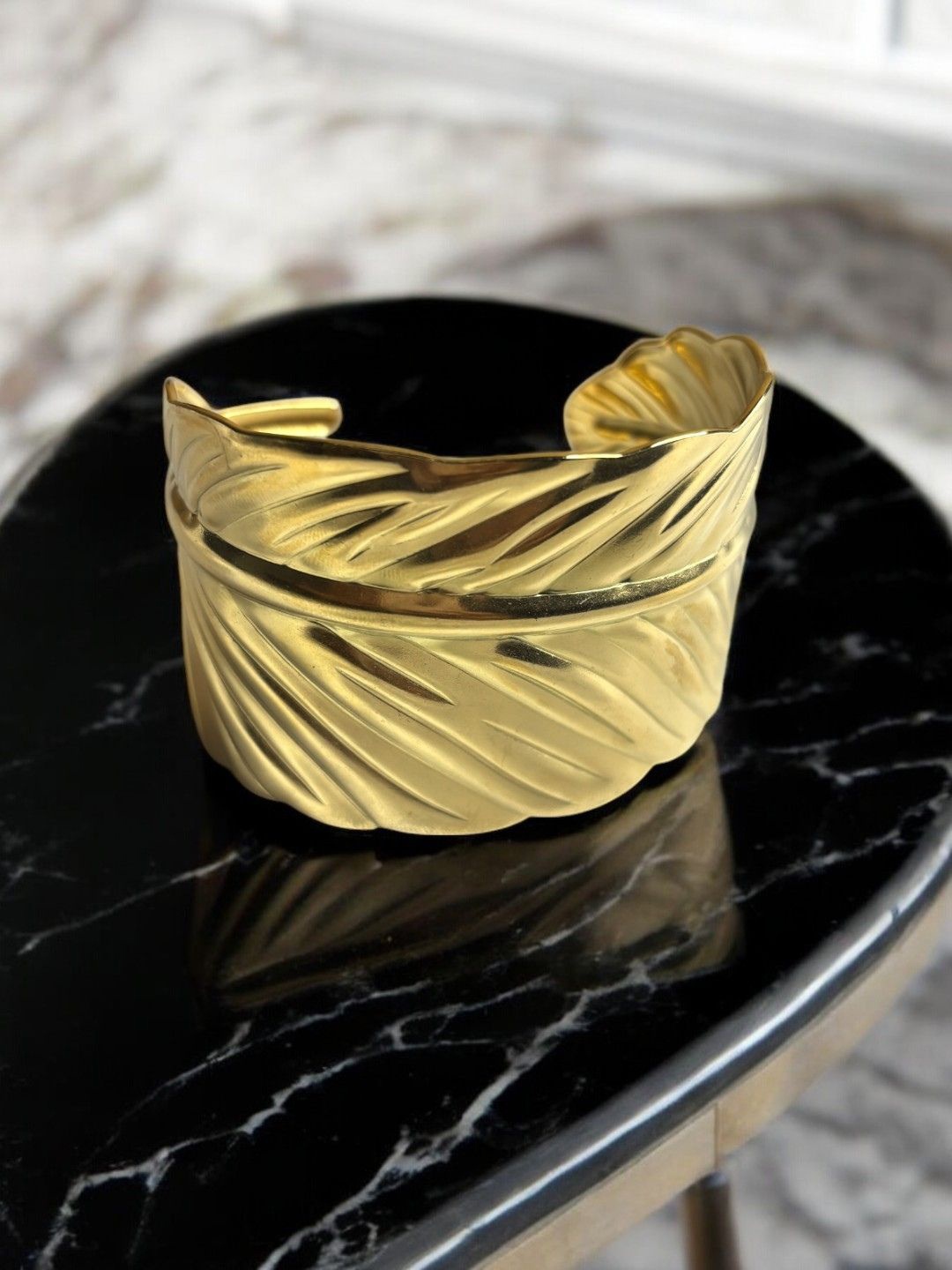 

VIVAZS Stainless Steel Gold-Plated Leaf shaped Cuff Bracelet