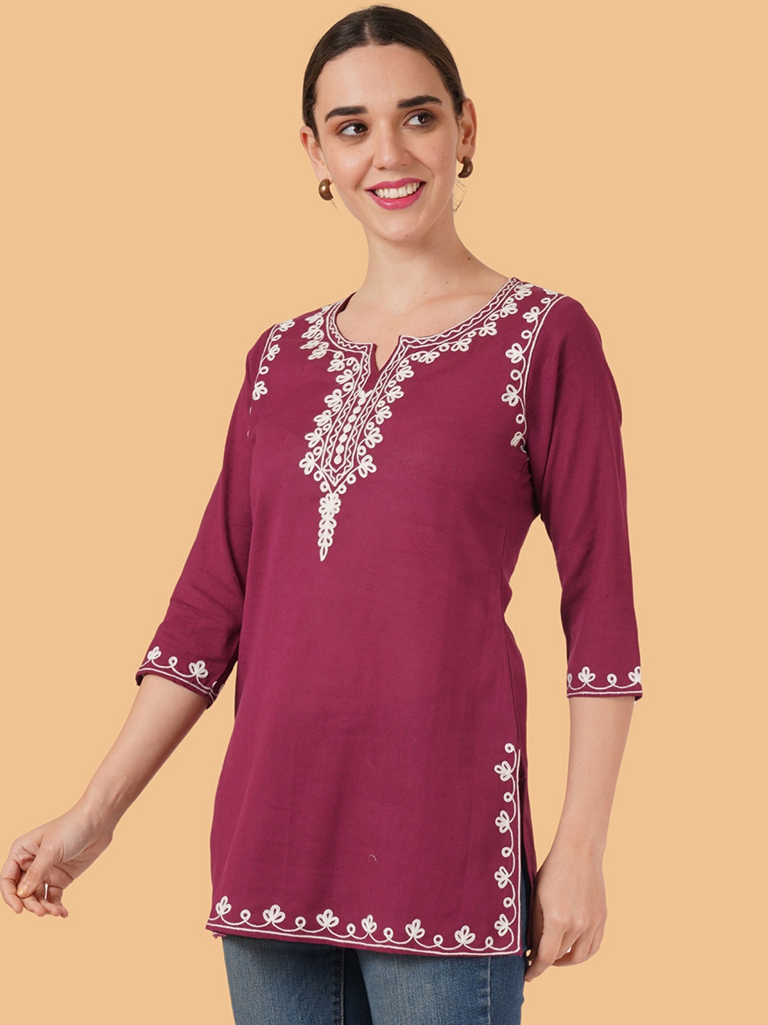 

Brownverse Floral Embroidered Pure Cotton Straight Kurti, Maroon
