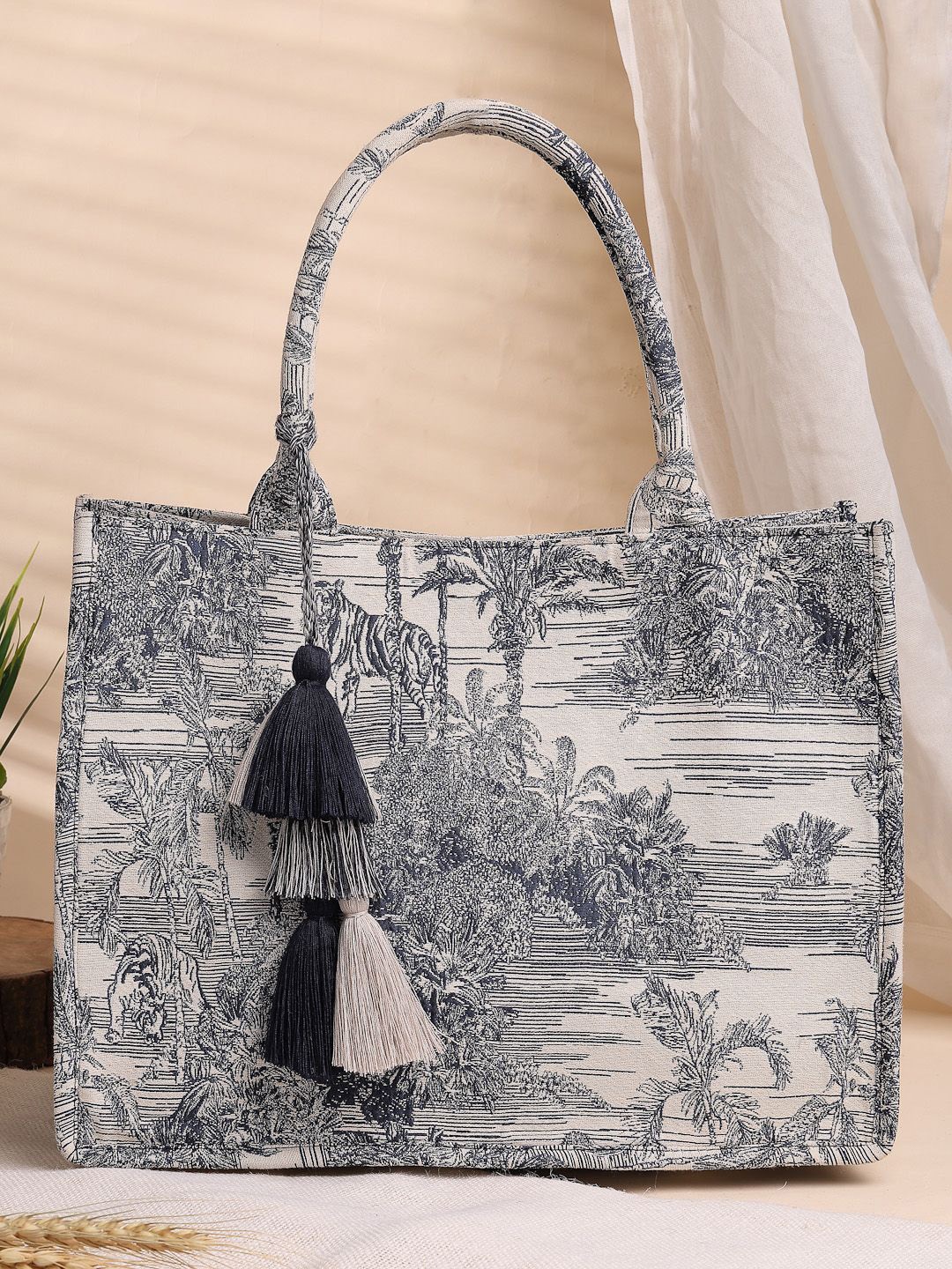 

Anekaant Women Graphic Printed Structured Cotton Handheld Bag, Off white