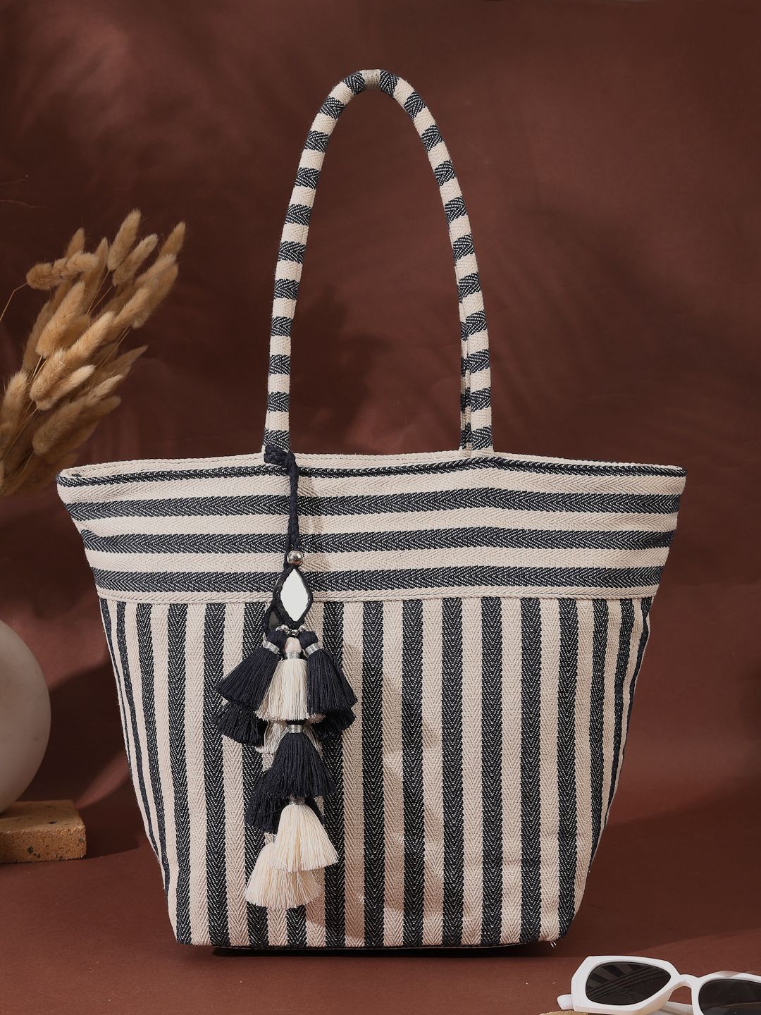 

Anekaant Striped Tasselled Structured Cotton Jacquard Tote Bag, Off white