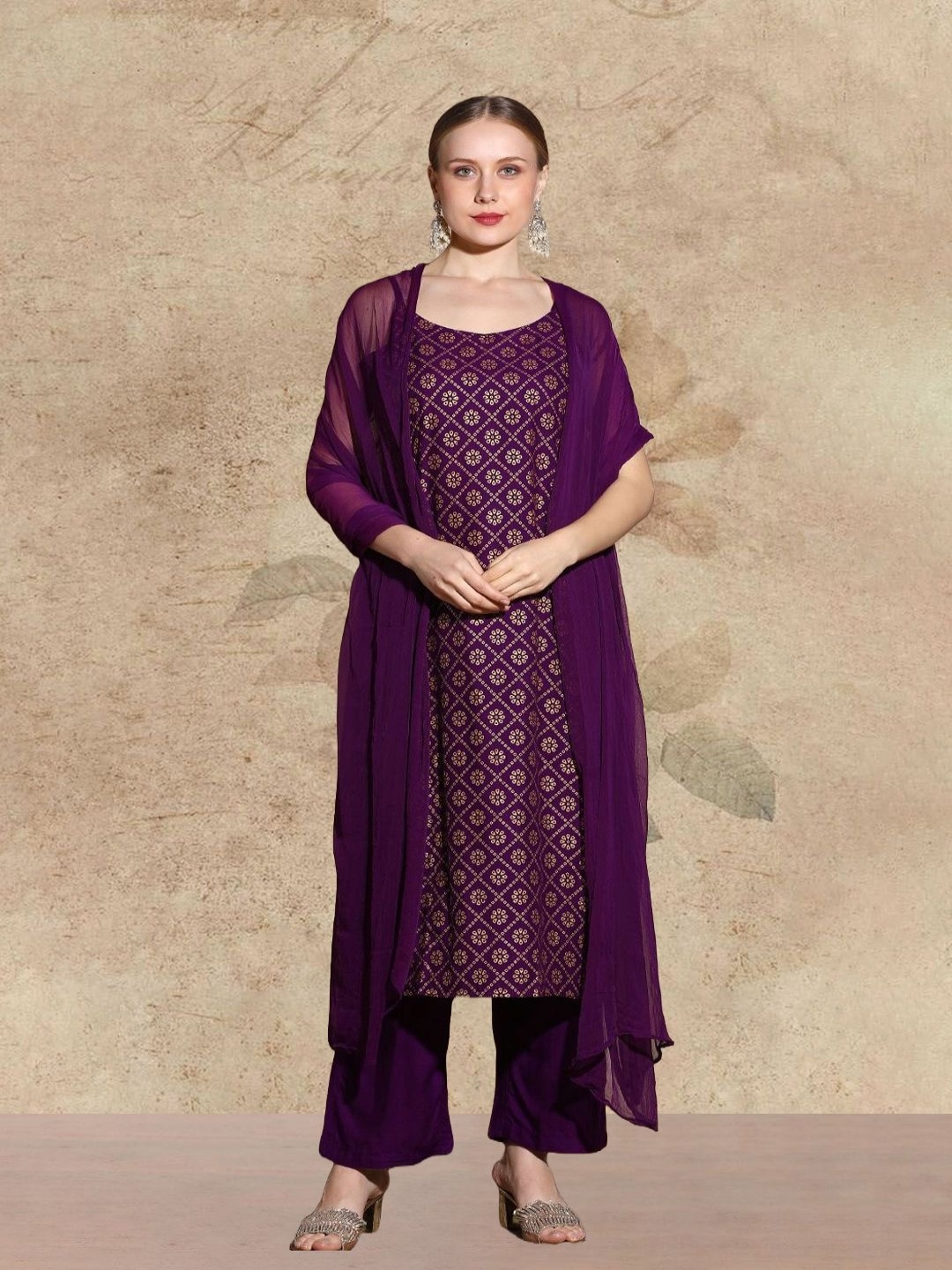 

AVANSHEE Bandhani Printed Round Neck Kurta With Sharara And Dupatta, Purple