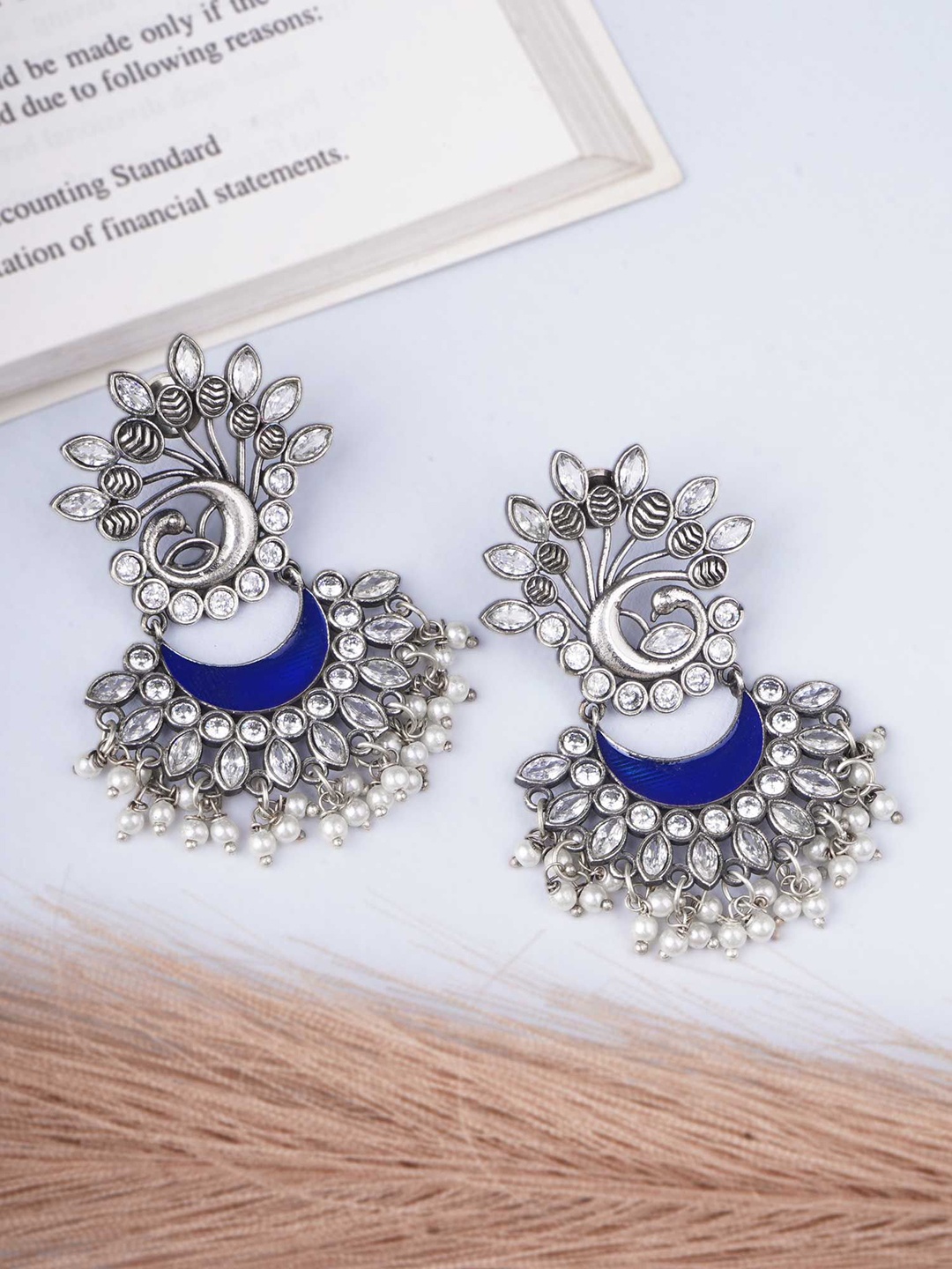 

Adwitiya Silver-Plated Artificial Stones Studded And Beaded Crescent Shaped Drop Earrings